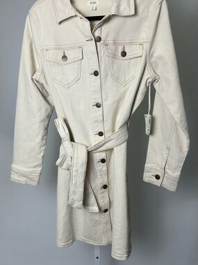 a.n.a Cream Button-Front Long Denim Jacket with Tie Belt #P211